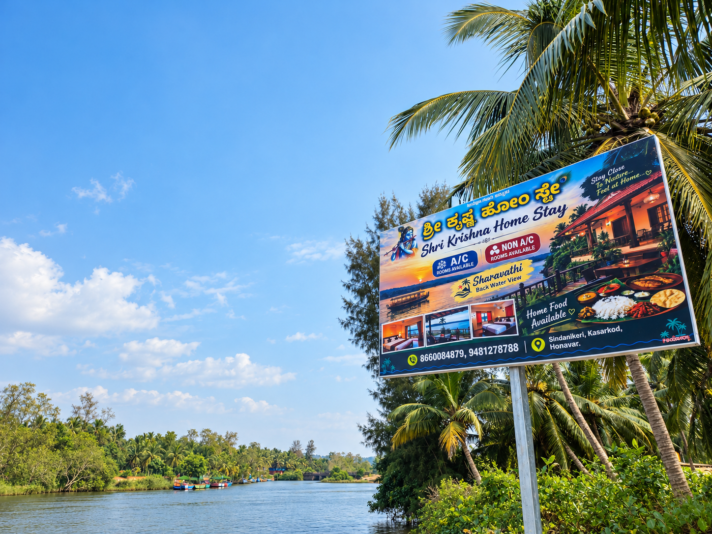 The riverside approach with the homestay signboard beside the backwaters