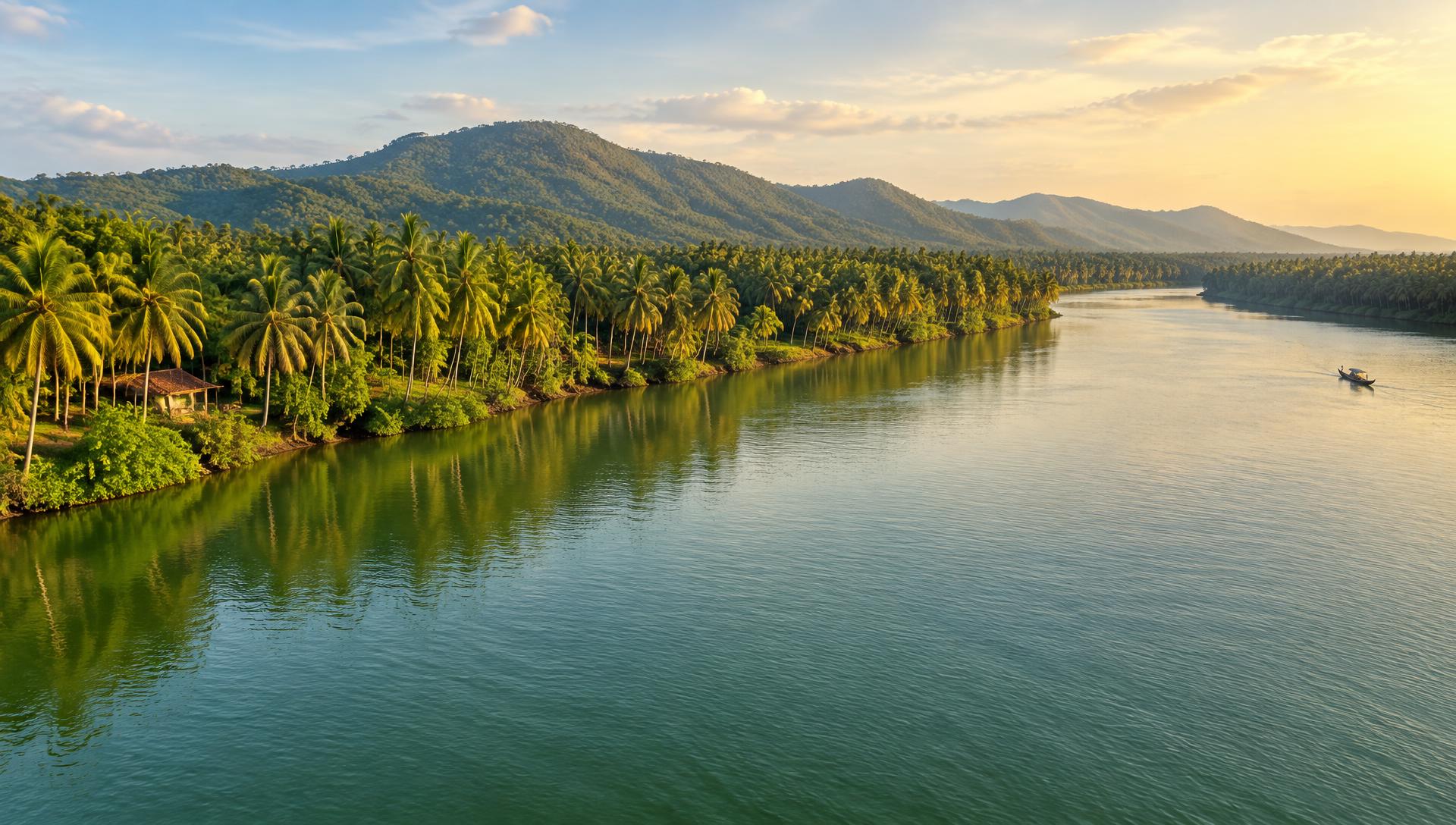 Scenic illustration of palm-lined Karnataka backwaters